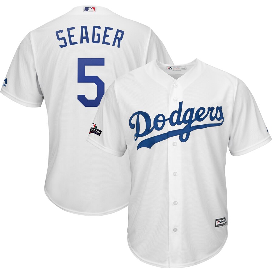 Los Angeles Dodgers #5 Corey Seager Majestic 2019 Postseason Home Official Cool Base Player Jersey White