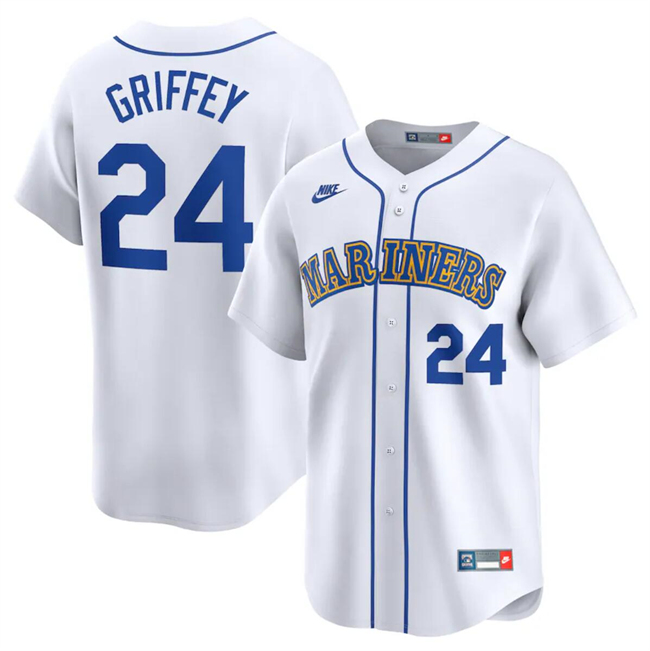 Men's Seattle Mariners #24 Ken Griffey Jr. White Throwback Cooperstown Limited Stitched Jersey