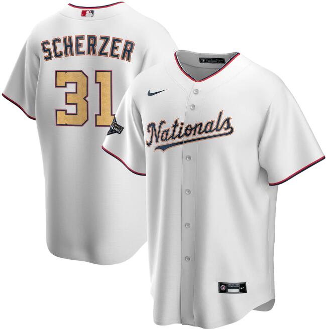 Men's Washington Nationals #31 Max Scherzer White MLB 2020 Gold Program Stitched Championship Jersey