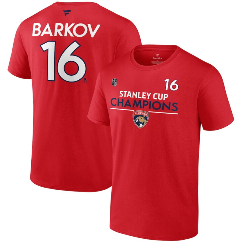 Men's Florida Panthers #16 Aleksander Barkov Red 2024 Stanley Cup Champions Pro Name & Number T-Shirt Men's Florida Panthers #16 Aleksander Barkov Red 2024 Stanley Cup Champions Pro Name & Number T-Shirt
