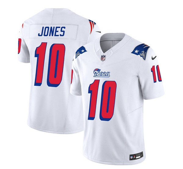 Men's New England Patriots #10 Mac Jones White 2023 F.U.S.E. Throwback Limited Stitched Stitched Football Jersey