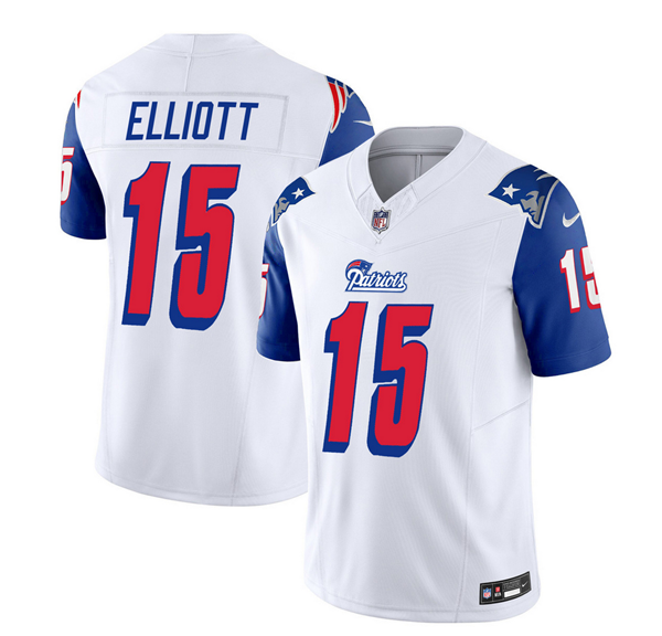 Men's New England Patriots #15 Ezekiel Elliott White/Blue 2023 F.U.S.E. Throwback Limited Stitched Football Jersey