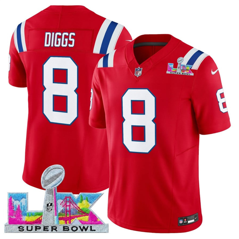 Men's New England Patriots #8 Stefon Diggs Red 2025 F.U.S.E. Super Bowl LX Patch Vapor Limited Stitched Football Jersey