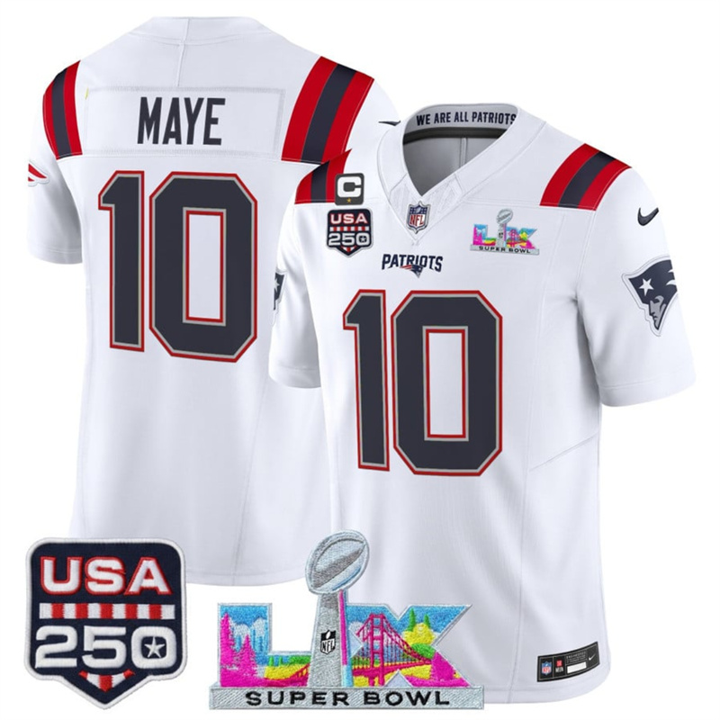 Men's New England Patriots #10 Drake Maye White 2025 F.U.S.E. Super Bowl LX Patch USA 250' Patch Vapor Limited Football Stitched Jersey Men's New England Patriots #10 Drake Maye White 2025 F.U.S.E. Super Bowl LX Patch USA 250' Patch Vapor Limited Football Stitched Jersey