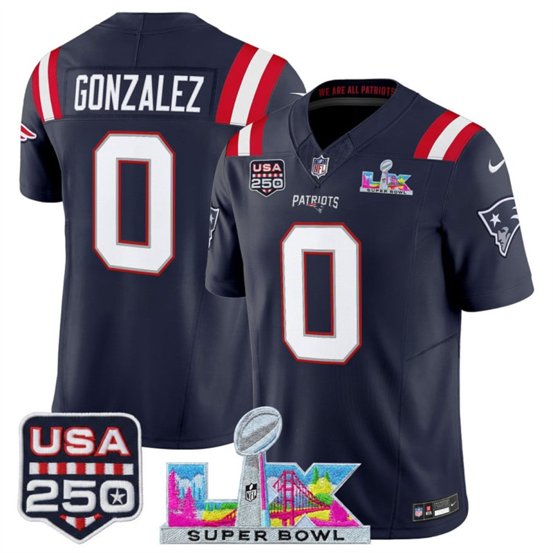 Men's New England Patriots #0 Christian Gonzalez Navy 2025 F.U.S.E. Super Bowl LX Patch And USA 250' Patch Vapor Limited Football Stitched Jersey Men's New England Patriots #0 Christian Gonzalez Navy 2025 F.U.S.E. Super Bowl LX Patch And USA 250' Patch Vapor Limited Football Stitched Jersey