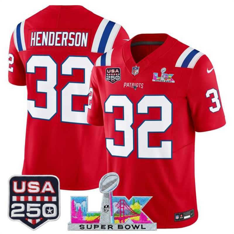 Men's New England Patriots #32 TreVeyon Henderson Red 2025 F.U.S.E. Super Bowl LX Patch And USA 250' Patch Vapor Limited Football Stitched Jersey Men's New England Patriots #32 TreVeyon Henderson Red 2025 F.U.S.E. Super Bowl LX Patch And USA 250' Patch Vapor Limited Football Stitched Jersey