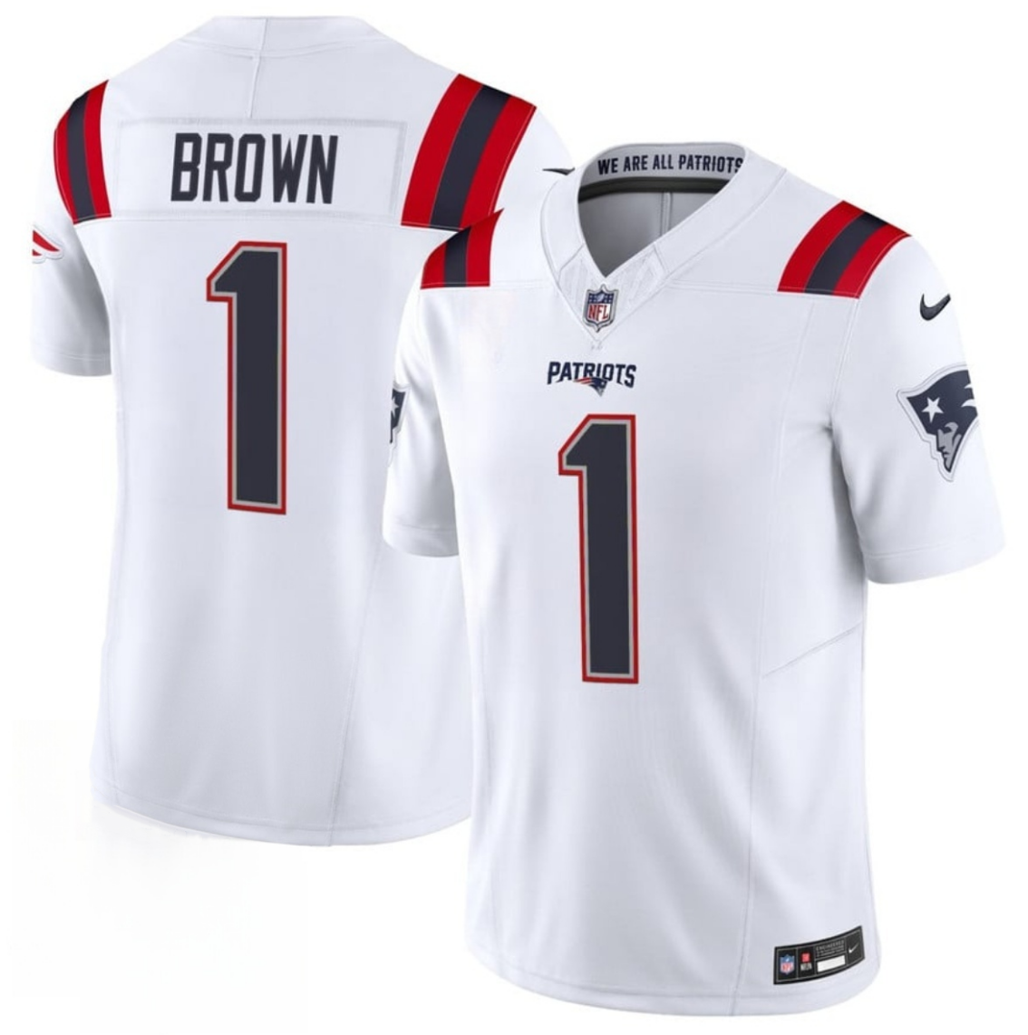 Men's New England Patriots #1 A.J. Brown White 2026 F.U.S.E. Vapor Limited Stitched Football Jersey