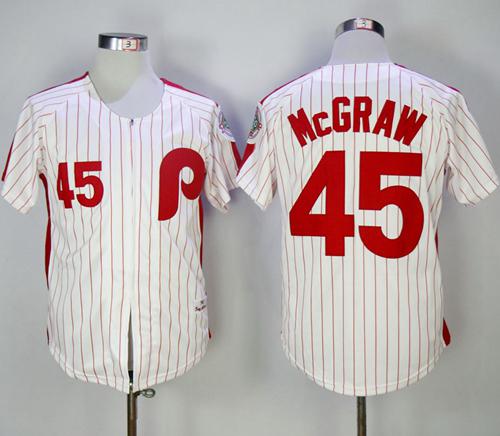 Mitchell and Ness 1983 Phillies #45 Tug Mcgraw White Red Strip Stitched Throwback MLB Jersey