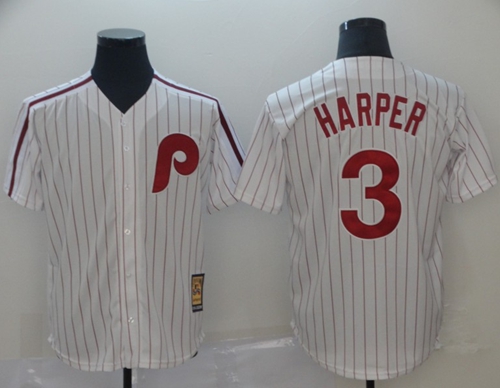 Phillies #3 Bryce Harper White(Red Strip) New Cool Base Cooperstown Stitched MLB Jersey