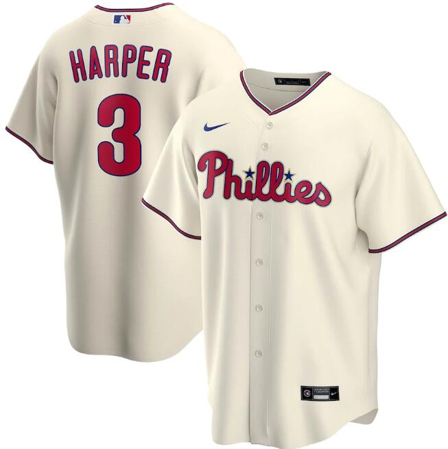 Men's Philadelphia Phillies #3 Bryce Harper Cream MLB Cool Base Stitched Jersey