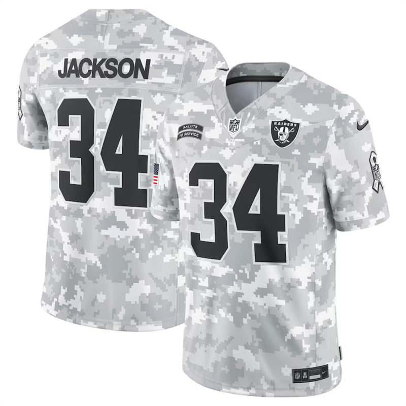 Men's Las Vegas Raiders #34 Bo Jackson 2024 F.U.S.E Arctic Camo Salute to Service Limited Stitched Football Jersey Men's Las Vegas Raiders #34 Bo Jackson 2024 F.U.S.E Arctic Camo Salute to Service Limited Stitched Football Jersey