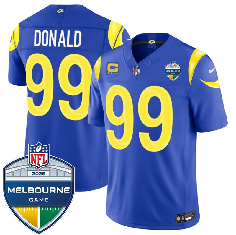 Men's Los Angeles Rams #99 Aaron Donald Royal 2026 F.U.S.E. 4-Star C Patch And Melbourne Game Patch Vapor Limited Stitched Football Jersey