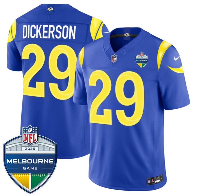 Men's Los Angeles Rams #29 Eric Dickerson Royal 2026 F.U.S.E. Melbourne Game Patch Vapor Limited Stitched Football Jersey