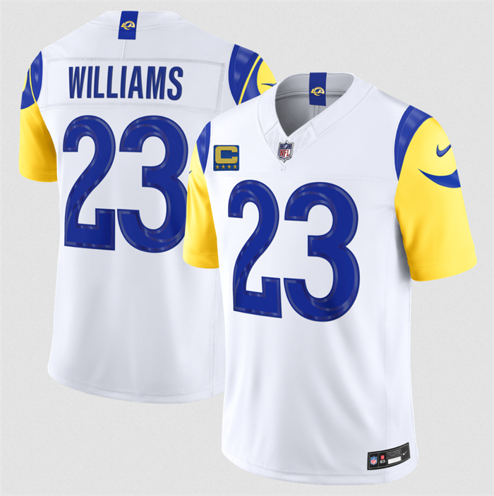 Men's Los Angeles Rams #23 Kyren Williams White 2026 F.U.S.E. 4-Star C Patch Vapor Limited Stitched Football Jersey