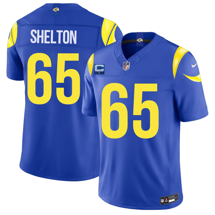 Men's Los Angeles Rams #65 Coleman Shelton Royal 2026 F.U.S.E. 1-Star C Patch Vapor Limited Stitched Football Jersey