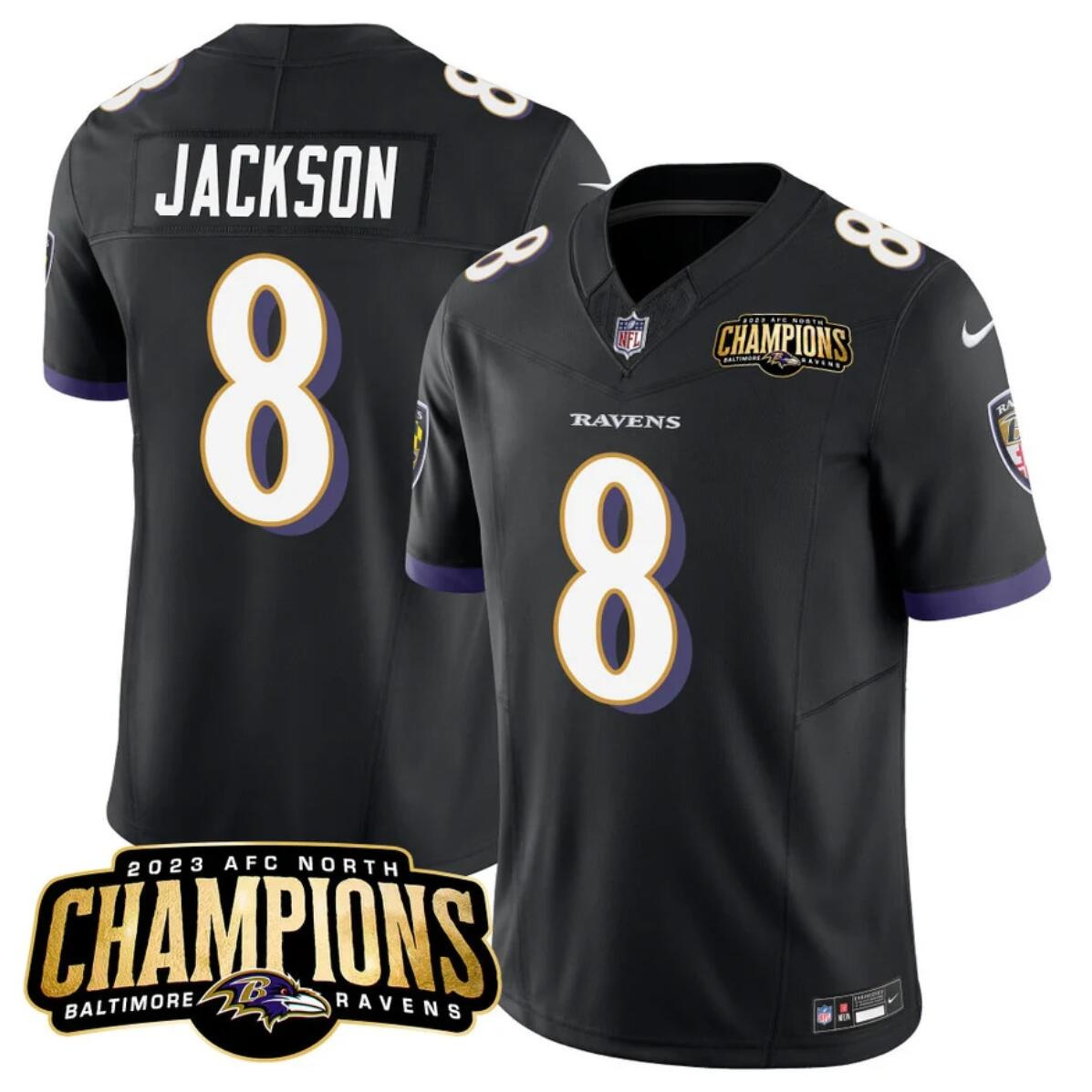 Men's Baltimore Ravens #8 Lamar Jackson Black 2023 F.U.S.E. AFC North Champions Vapor Limited Football Jersey