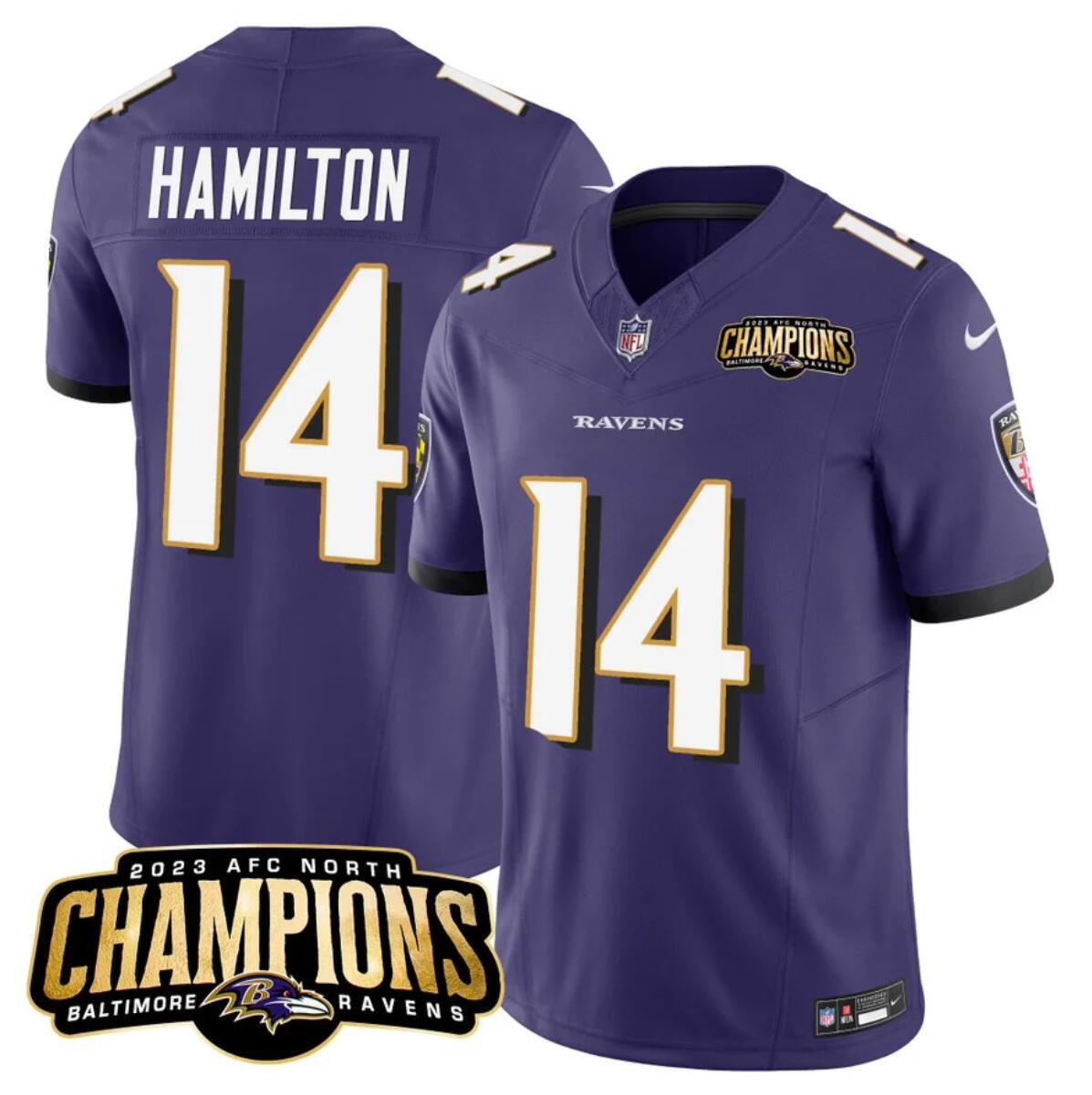 Men's Baltimore Ravens #14 Kyle Hamilton Purple 2023 F.U.S.E. AFC North Champions Vapor Limited Football Jersey