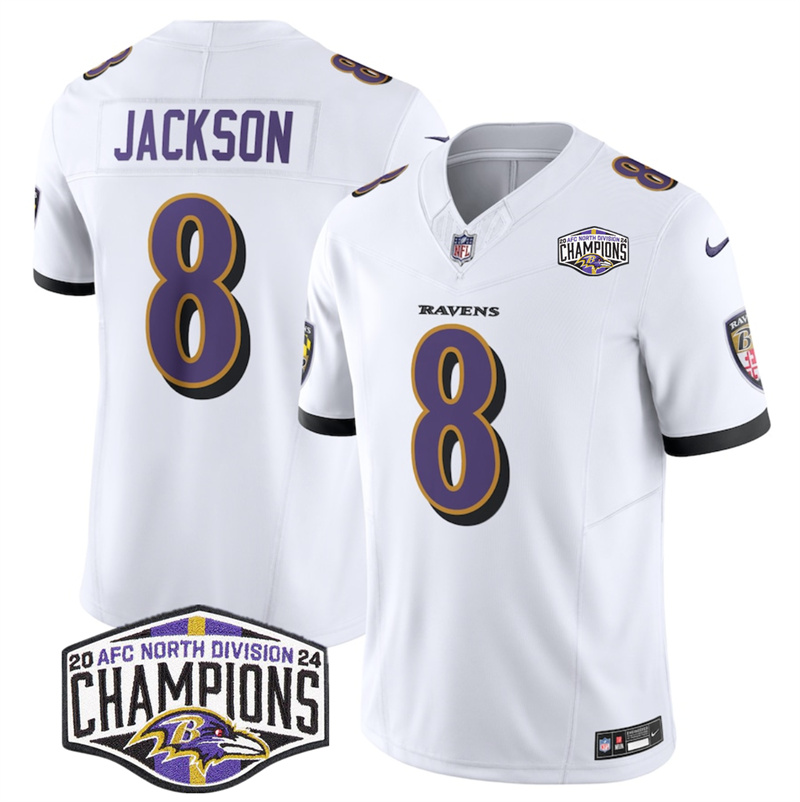 Men's Baltimore Ravens #8 Lamar Jackson White F.U.S.E 2024 AFC North Division Champions Vapor Limited Football Jersey Men's Baltimore Ravens #8 Lamar Jackson White F.U.S.E 2024 AFC North Division Champions Vapor Limited Football Jersey