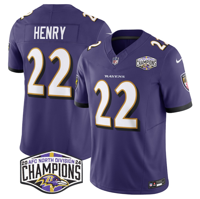 Men's Baltimore Ravens #22 Derrick Henry Purple F.U.S.E 2024 AFC North Division Champions Vapor Limited Football Jersey Men's Baltimore Ravens #22 Derrick Henry Purple F.U.S.E 2024 AFC North Division Champions Vapor Limited Football Jersey