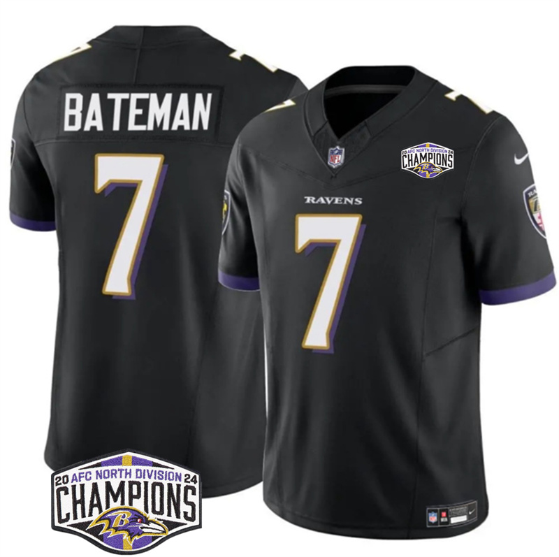 Men's Baltimore Ravens #7 Rashod Bateman Black F.U.S.E 2024 AFC North Division Champions Vapor Limited Football Jersey Men's Baltimore Ravens #7 Rashod Bateman Black F.U.S.E 2024 AFC North Division Champions Vapor Limited Football Jersey