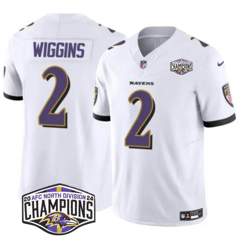 Men's Baltimore Ravens #2 Nate Wiggins White F.U.S.E 2024 AFC North Division Champions Vapor Limited Football Jersey Men's Baltimore Ravens #2 Nate Wiggins White F.U.S.E 2024 AFC North Division Champions Vapor Limited Football Jersey