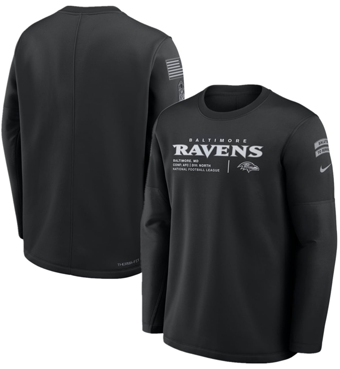 Men's Baltimore Ravens Black 2026 Salute to Service Sideline Coaches Crewneck Therma-FIT Sweatshirt