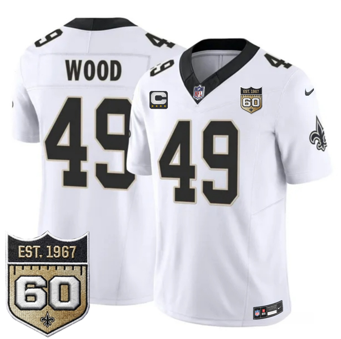 Men's New Orleans Saints #49 Zach Wood White 2026 F.U.S.E With 4-Star C Patch And 60th Anniversary Patch Vapor Limited Football Stitched Jersey