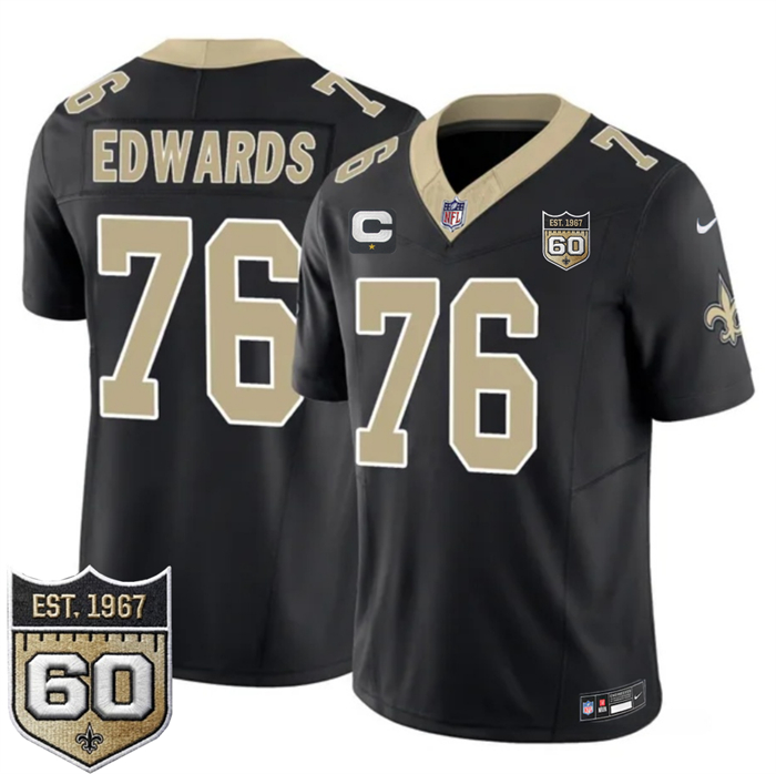 Men's New Orleans Saints #76 David Edwards Black 2026 F.U.S.E With 1-Star C Patch And 60th Anniversary Patch Vapor Limited Football Stitched Jersey