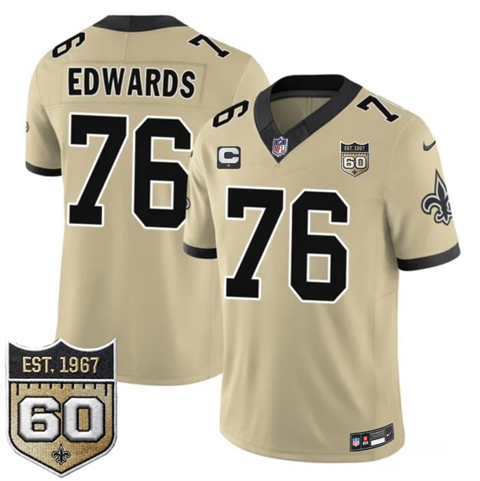 Men's New Orleans Saints #76 David Edwards Gold 2026 F.U.S.E With 1-Star C Patch And 60th Anniversary Patch Vapor Limited Football Stitched Jersey