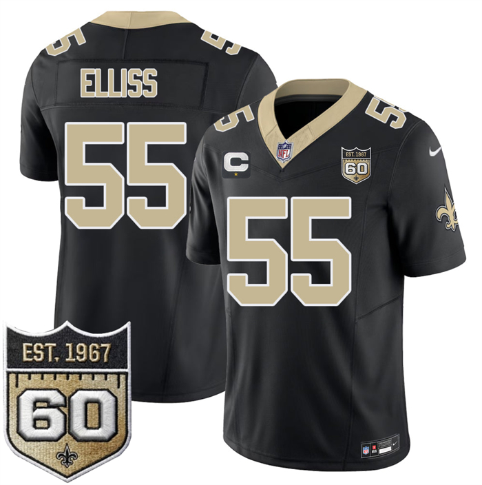 Men's New Orleans Saints #55 Kaden Elliss Black 2026 F.U.S.E With 1-Star C Patch And 60th Anniversary Patch Vapor Limited Football Stitched Jersey
