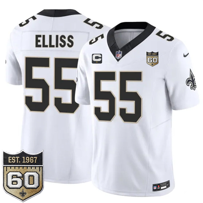 Men's New Orleans Saints #55 Kaden Elliss White 2026 F.U.S.E With 1-Star C Patch And 60th Anniversary Patch Vapor Limited Football Stitched Jersey