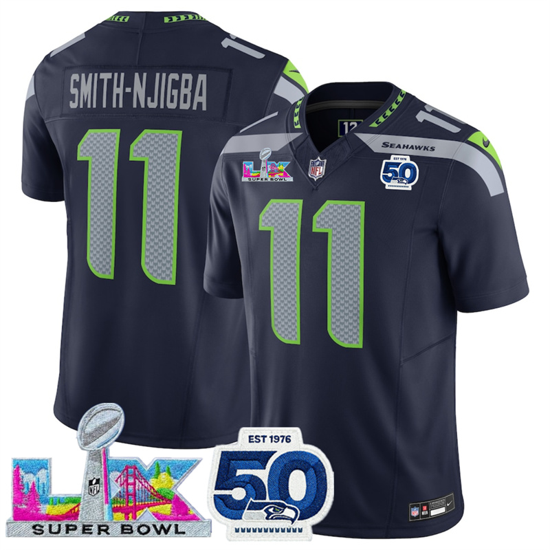 Men's Seattle Seahawks #11 Jaxon Smith-Njigba Navy 2025 F.U.S.E. Super Bowl LX Patch And 50th Season Patch Vapor Limited Stitched Football Jersey
