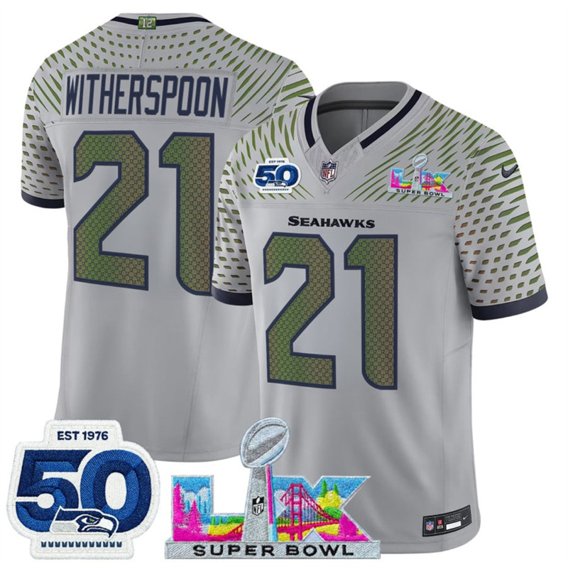 Men's Seattle Seahawks #21 Devon Witherspoon Royal 2025 F.U.S.E. Super Bowl LX Patch And 50th Season Patch “Rivalries” Vapor Limited Stitched Football Jersey