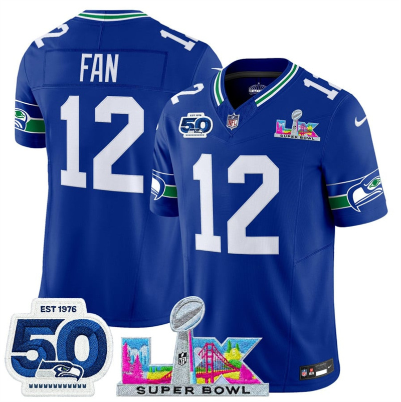 Men's Seattle Seahawks #12 Fan Royal 2025 F.U.S.E. Super Bowl LX Patch And 50th Season Patch Vapor Throwback Limited Stitched Football Jersey Men's Seattle Seahawks #12 Fan Royal 2025 F.U.S.E. Super Bowl LX Patch And 50th Season Patch Vapor Throwback Limited Stitched Football Jersey