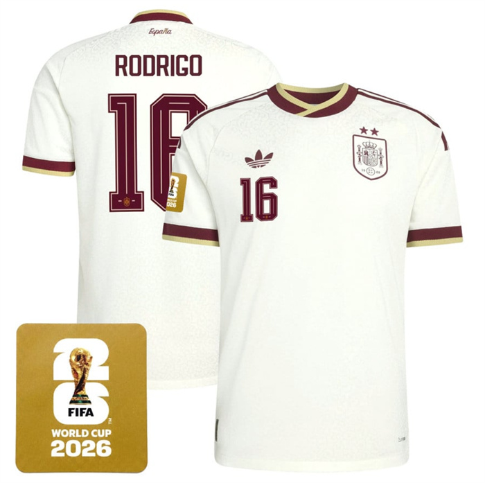 Men's Spain Team #16 Rodrigo White 2026 World Cup Away Soccer Jersey