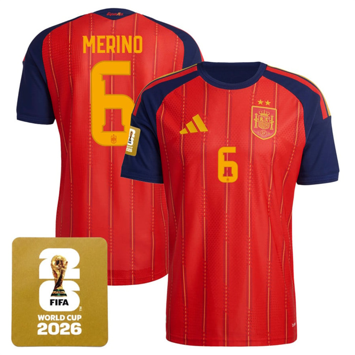 Men's Spain Team #6 Mikel Merino Red 2026 World Cup Home Soccer Jersey
