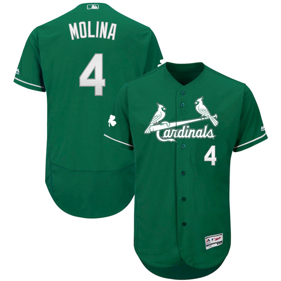 St. Louis Cardinals #4 Yadier Molina Majestic St. Patrick's Day Flex Base Authentic Collection Celtic Player Jersey Green