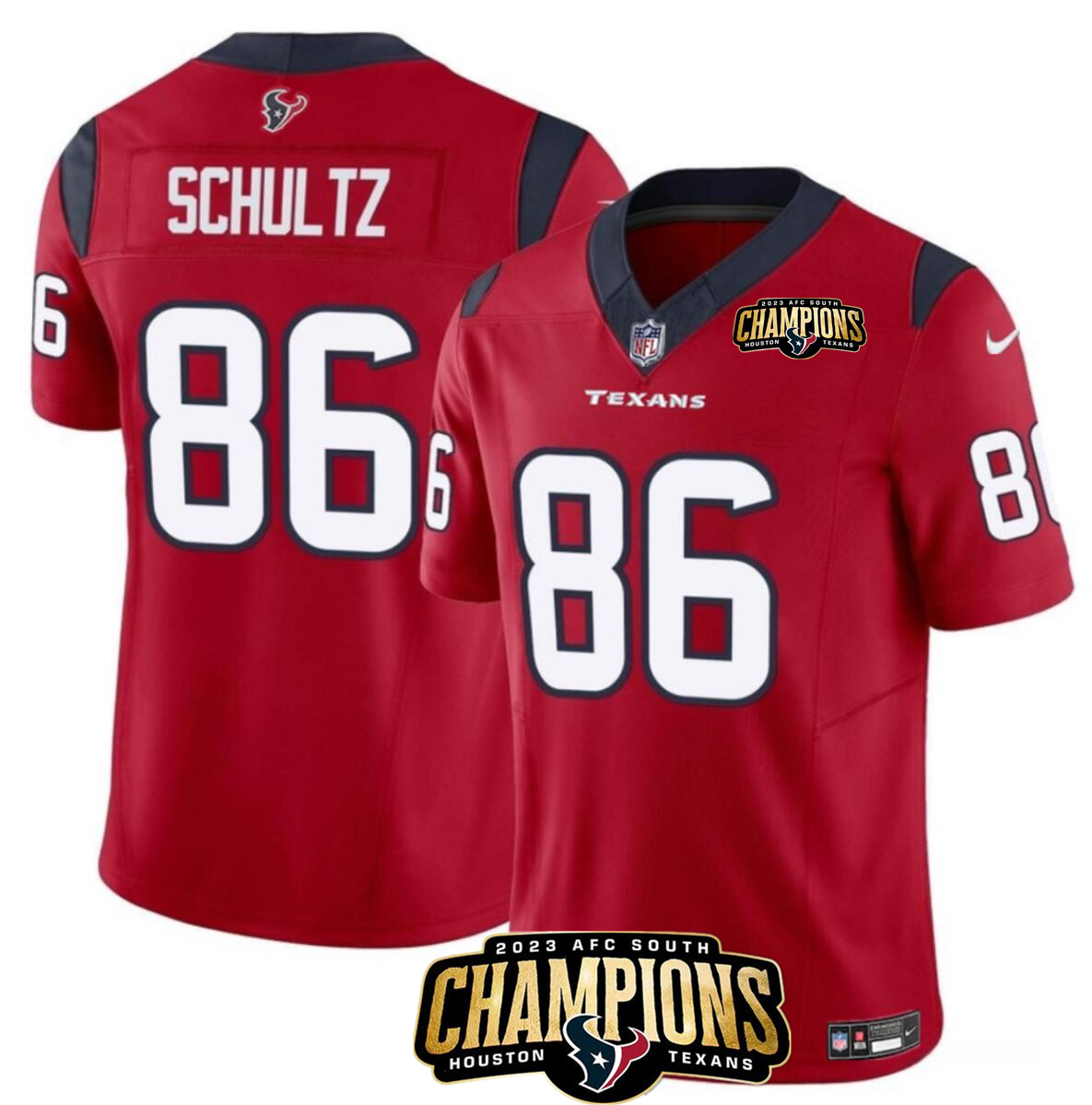 Men's Houston Texans #86 Dalton Schultz Red 2023 F.U.S.E. AFC South Champions Patch Vapor Untouchable Limited Stitched Football Jersey Men's Houston Texans #86 Dalton Schultz Red 2023 F.U.S.E. AFC South Champions Patch Vapor Untouchable Limited Stitched Football Jersey