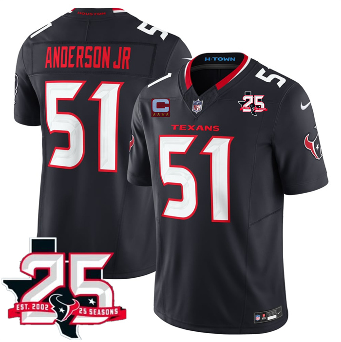 Men's Houston Texans #51 Will Anderson Jr Navy 2nd Alternate 2026 With 25th Anniversary Patch And 4-Star C Patch F.U.S.E. Vapor Limited Stitched Football Jersey