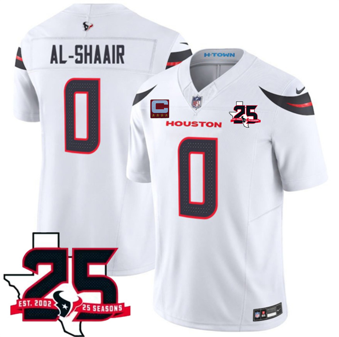 Men's Houston Texans #0 Azeez Al-Shaair White 2026 With 25th Anniversary Patch And 4-Star C Patch F.U.S.E. Vapor Limited Stitched Football Jersey