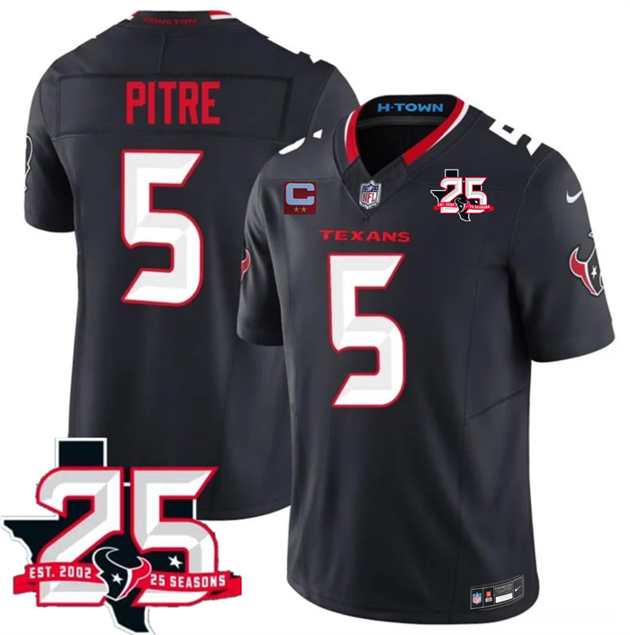 Men's Houston Texans #5 Jalen Pitre Navy 2nd Alternate 2026 With 25th Anniversary Patch And 2-Star C Patch F.U.S.E. Vapor Limited Stitched Football Jersey