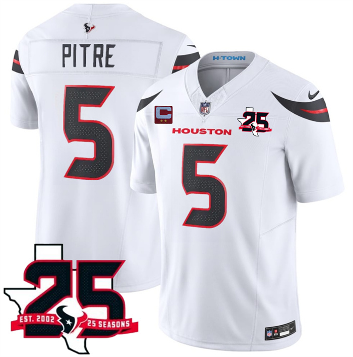 Men's Houston Texans #5 Jalen Pitre White 2026 With 25th Anniversary Patch And 2-Star C Patch F.U.S.E. Vapor Limited Stitched Football Jersey