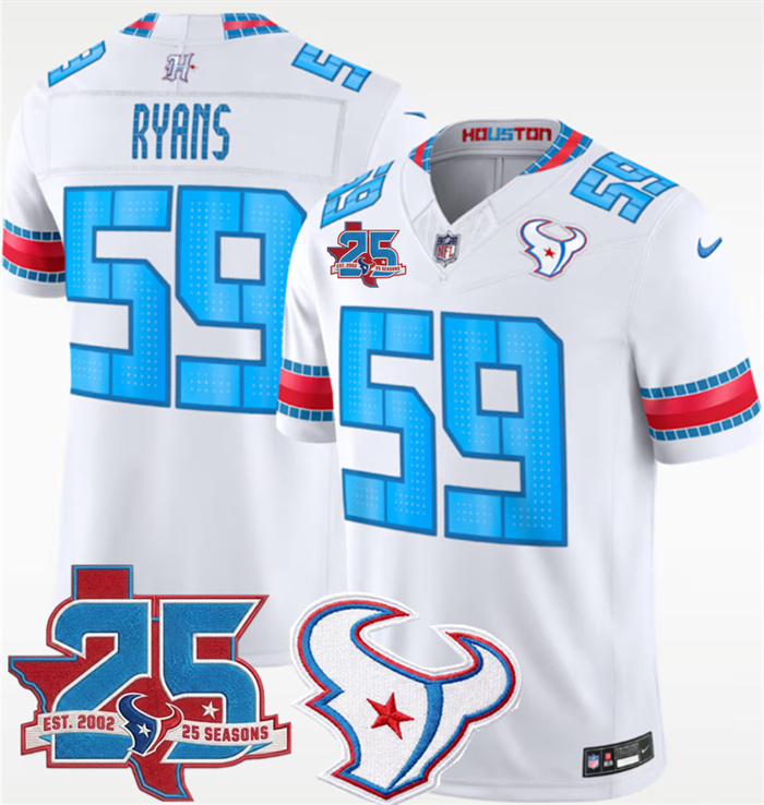 Men's Houston Texans #59 Aiden Fisher White 2026 25th Anniversary Patch F.U.S.E. 'HOUSTON/US' Rivalries Collection Limited Stitched Football Jersey