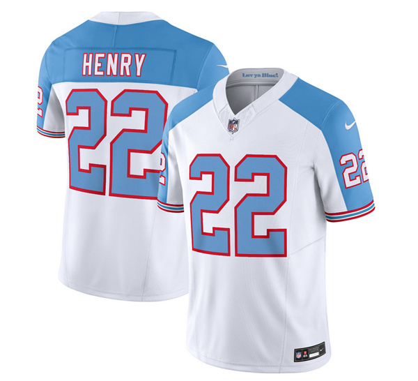 Men's Tennessee Titans #22 Derrick Henry White/Blue 2023 F.U.S.E. Vapor Limited Throwback Stitched Football Jersey Men's Tennessee Titans #22 Derrick Henry White/Blue 2023 F.U.S.E. Vapor Limited Throwback Stitched Football Jersey