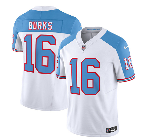 Men's Tennessee Titans #16 Treylon Burks White/Blue 2023 F.U.S.E. Vapor Limited Throwback Stitched Football Jersey Men's Tennessee Titans #16 Treylon Burks White/Blue 2023 F.U.S.E. Vapor Limited Throwback Stitched Football Jersey