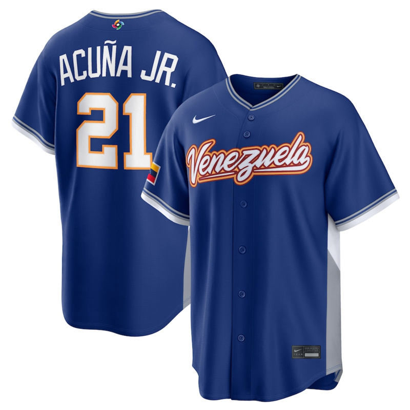 Men's Venezuela Baseball #21 Ronald Acuña Jr. Blue 2026 World Baseball Classic Road Stadium Stitched Jersey