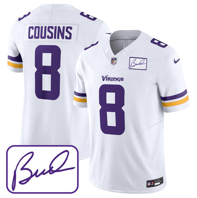 Men's Minnesota Vikings #8 Kirk Cousins White 2023 F.U.S.E. Bud Grant patch Limited Stitched Jersey Men's Minnesota Vikings #8 Kirk Cousins White 2023 F.U.S.E. Bud Grant patch Limited Stitched Jersey