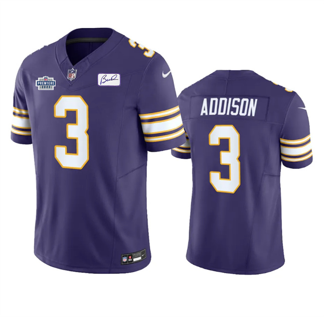 Men's Minnesota Vikings #3 Jordan Addison Purple 2023 F.U.S.E. With Prem1ere Patch Vapor Untouchable Limited Stitched Football Jersey Men's Minnesota Vikings #3 Jordan Addison Purple 2023 F.U.S.E. With Prem1ere Patch Vapor Untouchable Limited Stitched Football Jersey