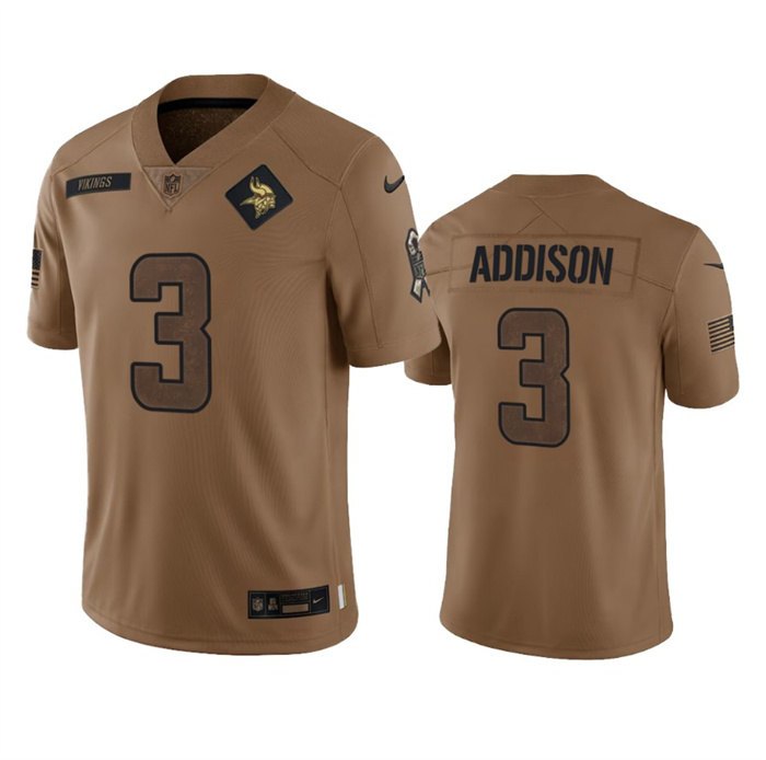 Men's Minnesota Vikings #3 Jordan Addison 2023 Brown Salute To Service Limited Stitched Jersey Men's Minnesota Vikings #3 Jordan Addison 2023 Brown Salute To Service Limited Stitched Jersey