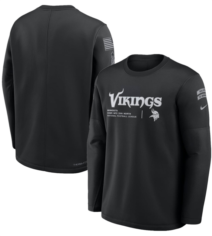 Men's Minnesota Vikings Black 2026 Salute to Service Sideline Coaches Crewneck Therma-FIT Sweatshirt